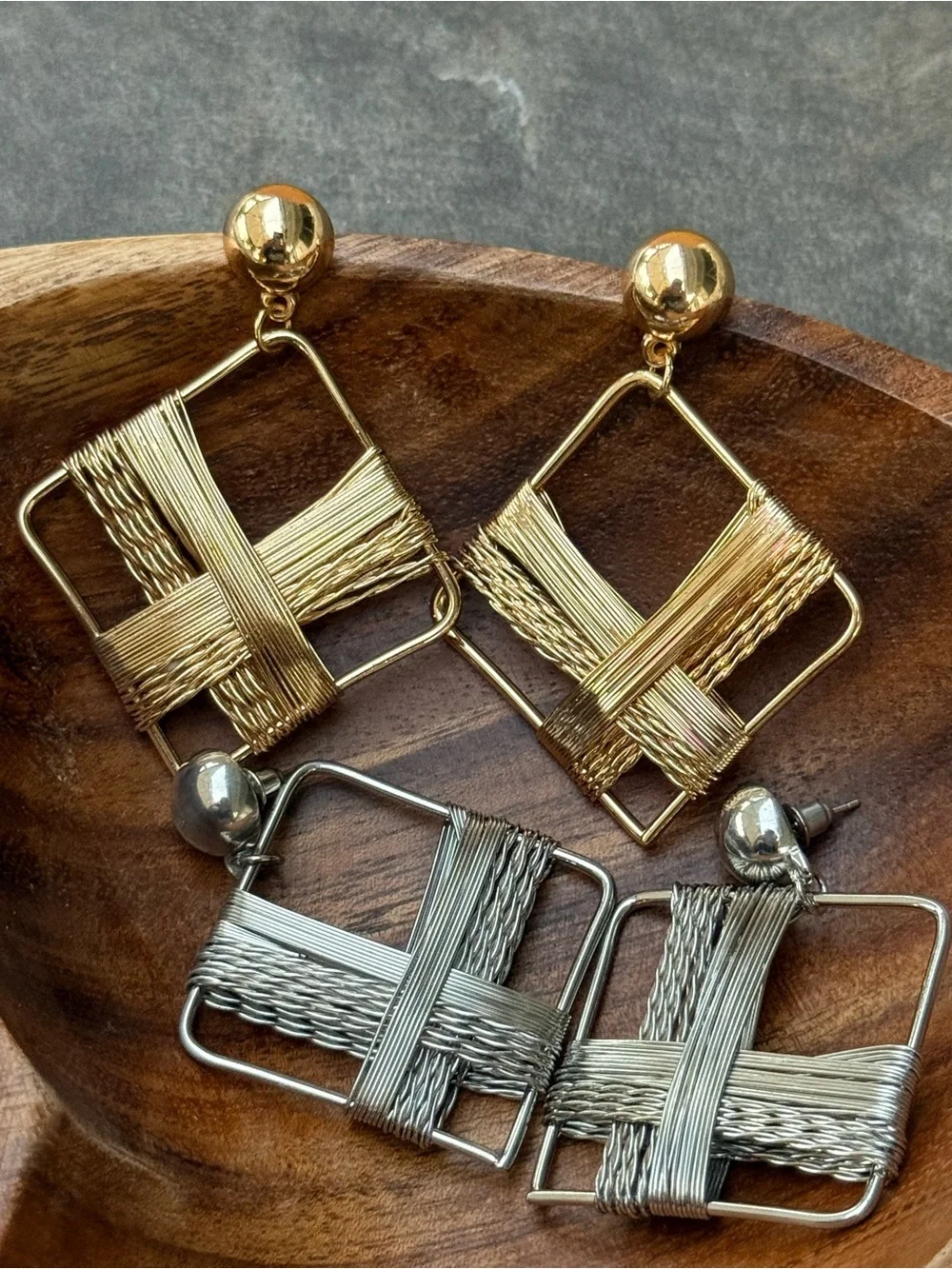 Gold and Silver Woven Square Drop Earrings - Women Jewelry